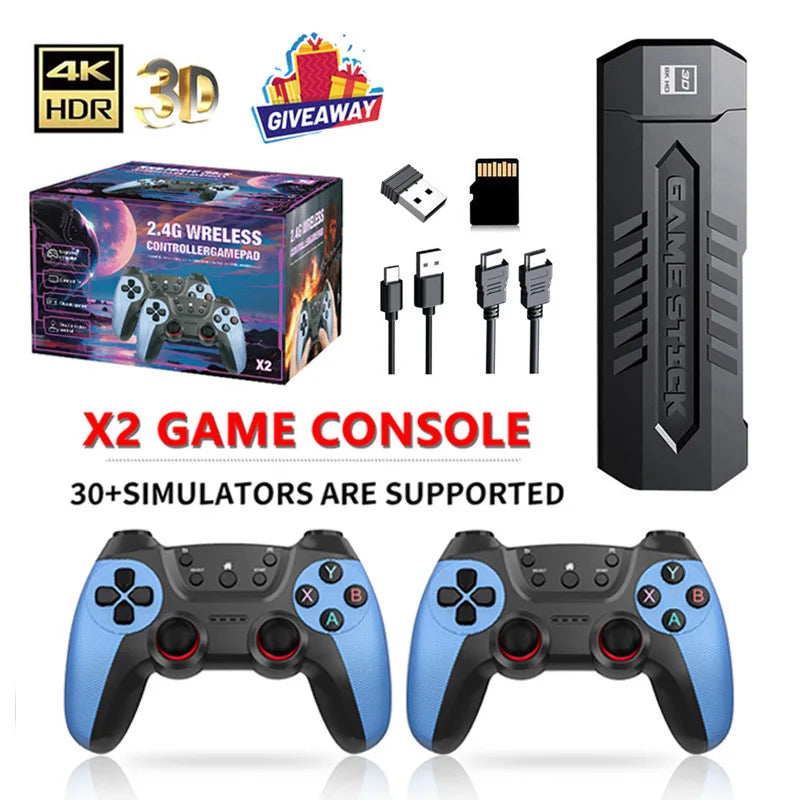 X2 Wireless 30000 Games Stick 4K 3D HD Retro Video Blue Game Console 64G  Retro Games Children Gift Gamepad Stick