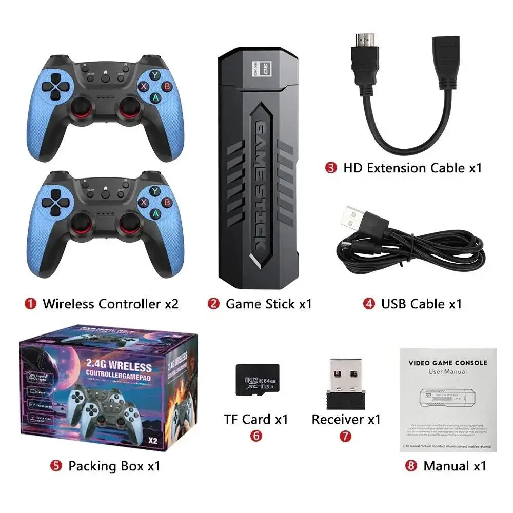 X2 Wireless 30000 Games Stick 4K 3D HD Retro Video Blue Game Console 64G  Retro Games Children Gift Gamepad Stick